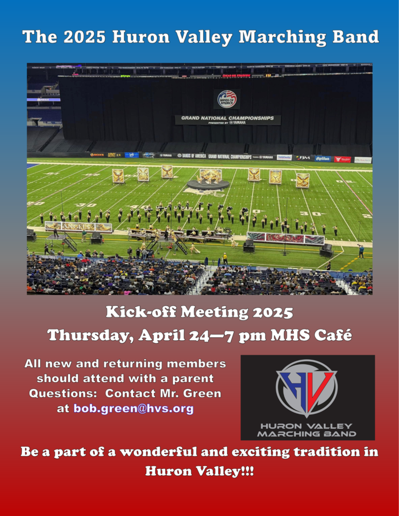 The HVS Band is hosting their annual Kickoff Meeting this Thursday, April 24th in the MHS cafeteria. All new and returning band members should plan to attend.