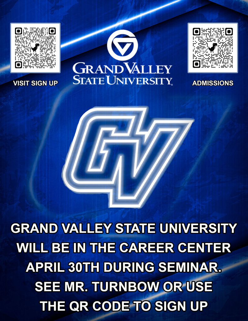 🎓 Grand Valley State University is coming to Milford! 🎓 Thinking about college? Don’t miss your chance to connect with a GVSU rep right here at Milford HS! 💙 📅 When: April 30th 🕐 Where: Career Center (during Seminar) ✅ Sign up using the QR codes posted around the halls or See Mr. Turnbow for more info and to get signed up! Go Lakers! 💪 #GVSU #CollegeVisit #FutureLaker
