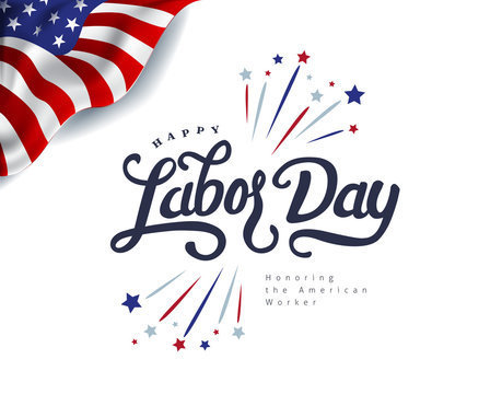 Labor Day image with fireworks and a flag