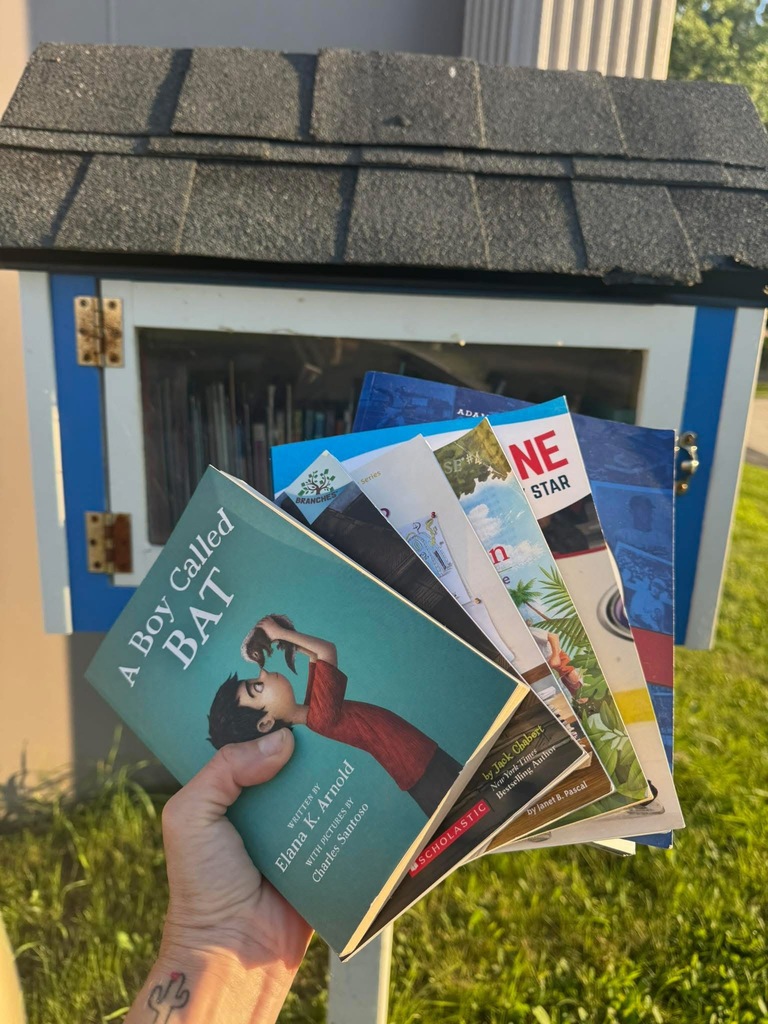 image is showing books being swapped at little library