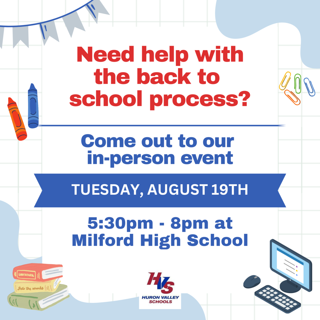 Graphic to promote back to school in-person event on 8/19