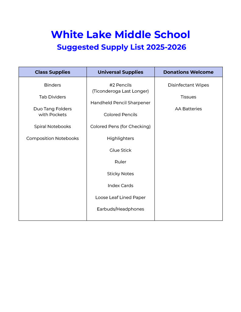 WLMS Supply List. Contains a list of Class Supplies, Universal Supplies and Donations Needed.