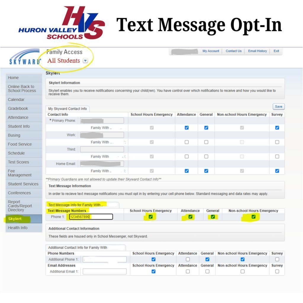 Sign up for text message optin through your skyward account