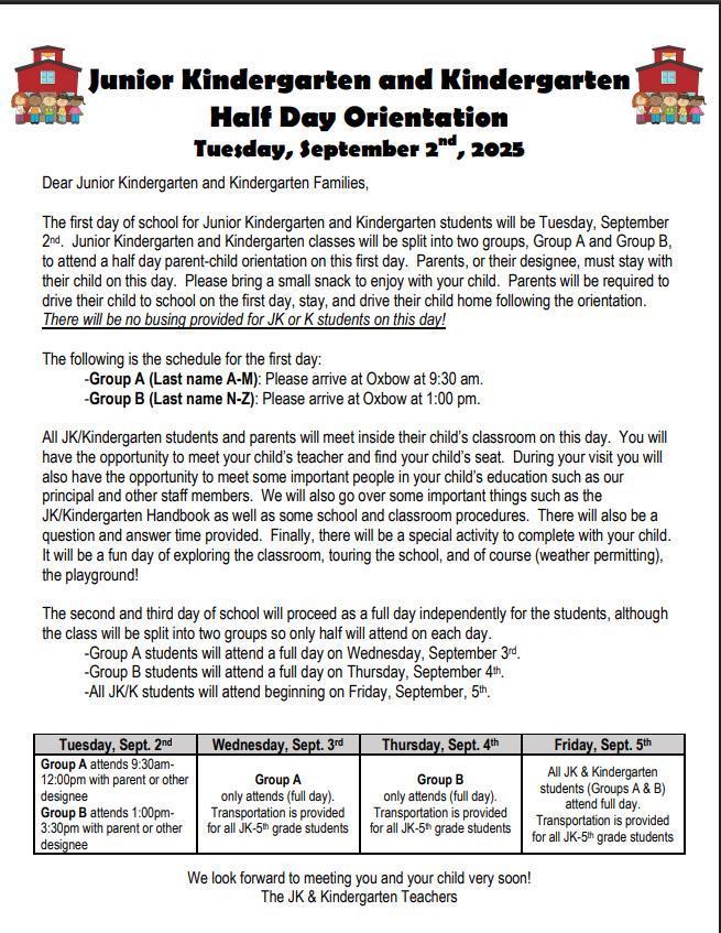 First week of school schedule for our JK/K students