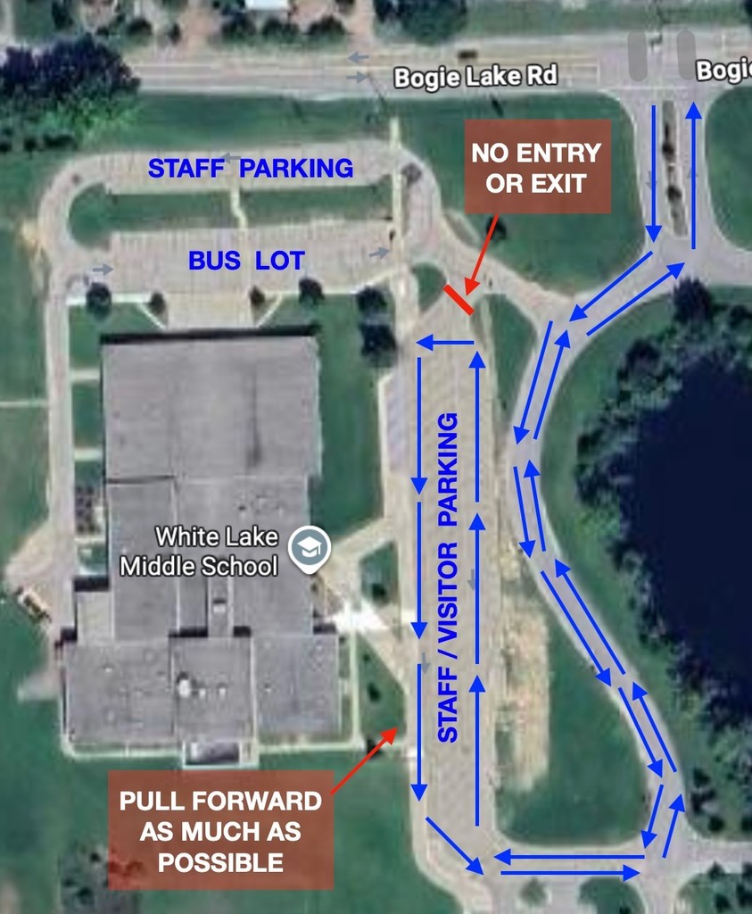 A map of the WLMS bus and visitor/staff parking lots and the parent pickup and drop off process
