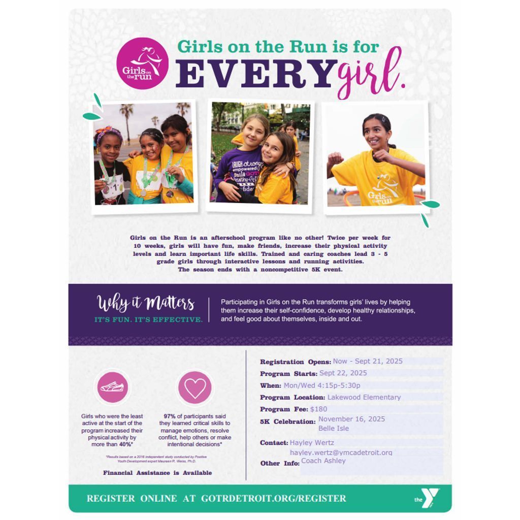 Promotional flyer for "Girls on the Run," highlighting its fun, effective program for girls, with details about registration and activities.