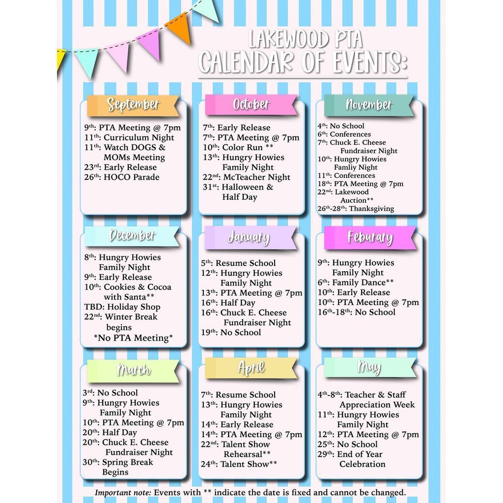 Lakewood PTA Calendar of events