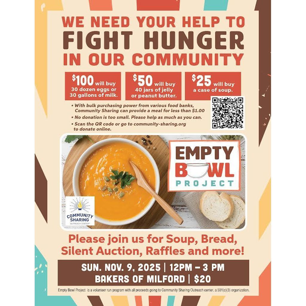 Promotional flyer for the Empty Bowl Project, highlighting community soup event to combat hunger with donation options.