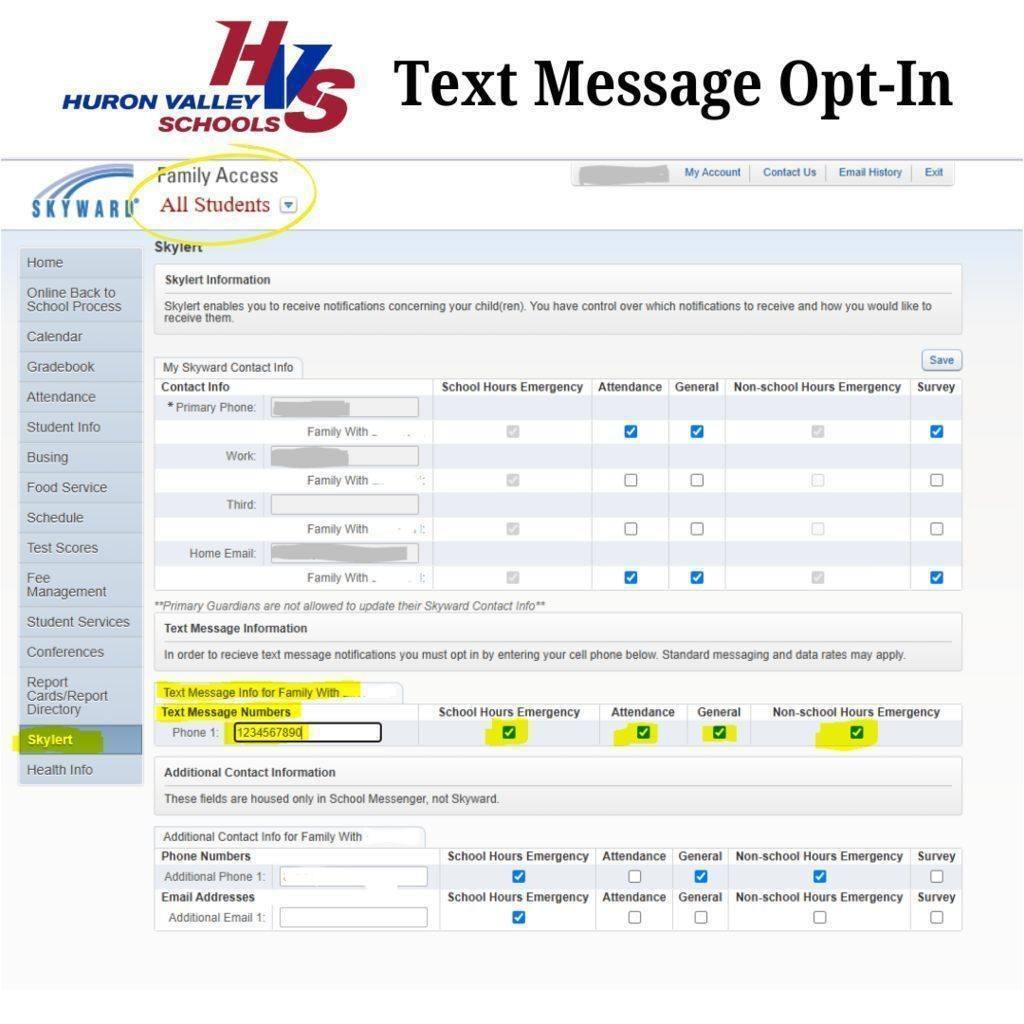 Screen shot on how to receive text messages from Skyward