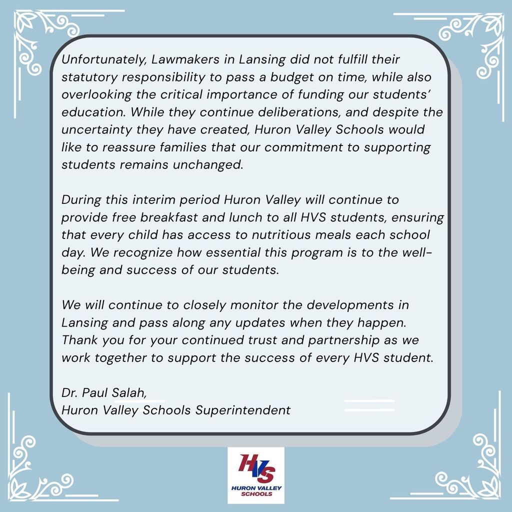 Supt. Statement on state budget & school lunch funding