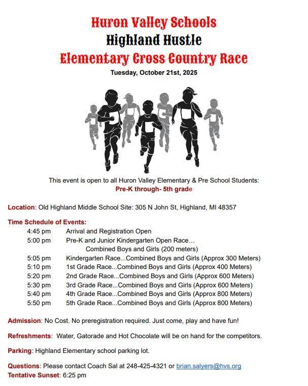 Flyer with information on the HVS Highland Hustle Elementary Cross Country Race
