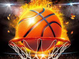 Picture of a basketball with flames around it going through the hoop