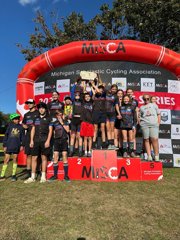 Picture of HVU Racing Mountain Bike Team accepting their state championship award!