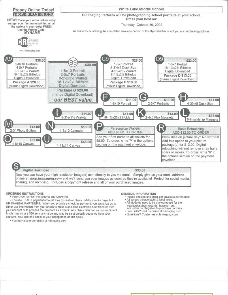 Picture order form.  Includes information on each of the packages available to order.  Online orders can be places at shop.hrimaging.com