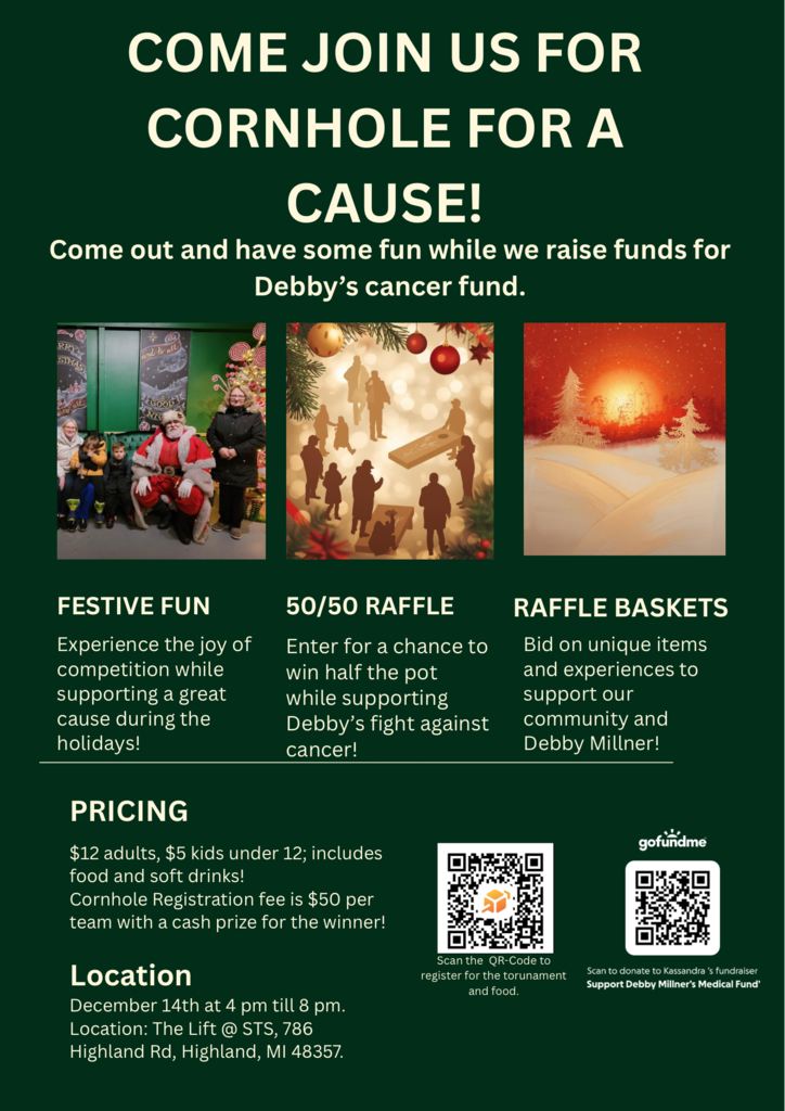 ❤️ Community Fundraiser Alert! ❤️ Help us support Debby Millner, a cherished Heritage Grandparent and School Volunteer, in her fight against cancer! Join the fun at our Holiday Cornhole Tournament & Raffle on December 14th (4 PM - 8 PM) at The Lift @ STS in Highland. Come play, win prizes, enjoy food, and make a huge difference for Debby. All proceeds go directly to her medical fund! Check the flyer for all the details, registration, and donation QR codes!