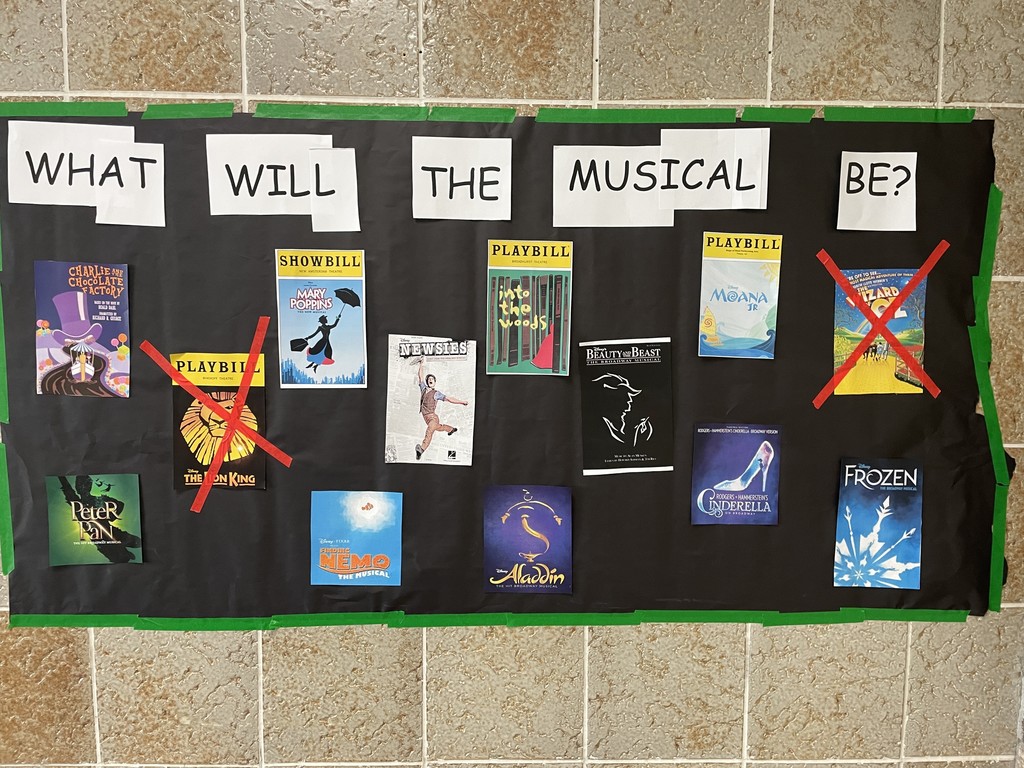 What will the musical be? A pic of the playbill from 13 musicals are included. 2 are crossed off (Wizard of Oz and The Lion King).