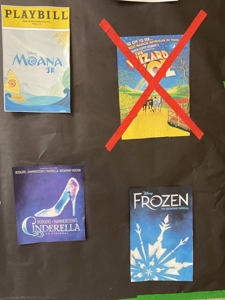 Pictures of the Moana Jr, Cinderella, Frozen and The Wizard Of Oz playbills. The Wizard of Oz playbill has a red x over it.