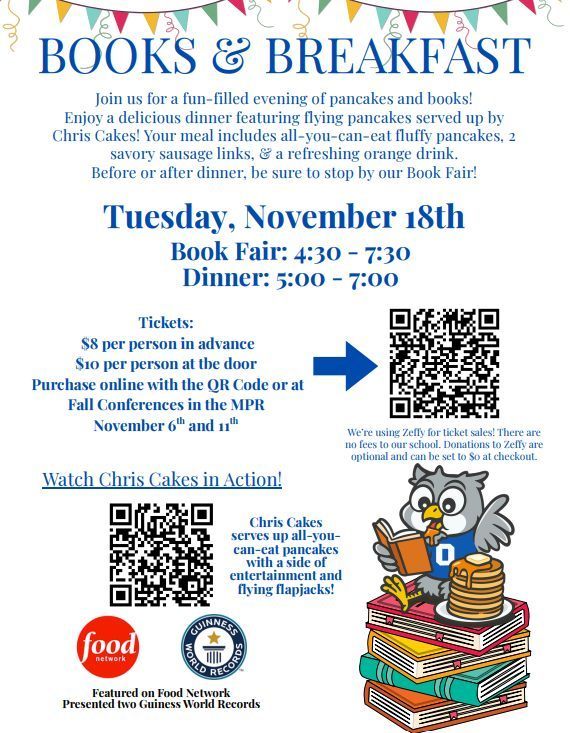 Books and Breakfast flyer with information on event