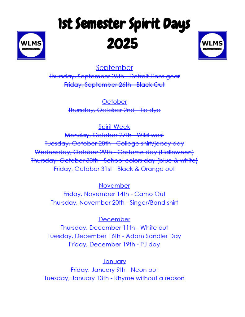 1st semester spirit day list.  Dates for November, December and January are included.