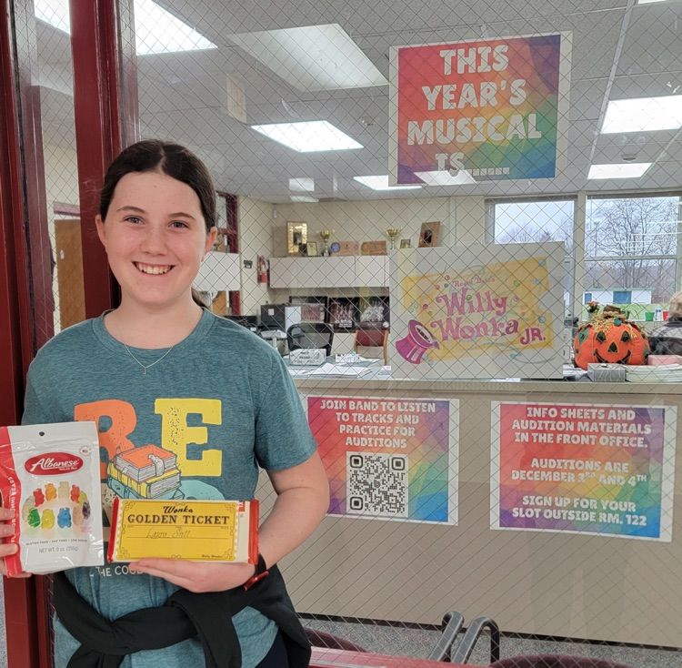 This years musical has been revealed! We posted clues and our first correct guess received their own golden ticket. Auditions for Willy Wonka Jr. are December 3rd and 4th. Information can be found in the front office. #wearemuir