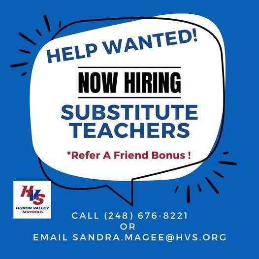 Flyer for substitute teachers needed in the district with information