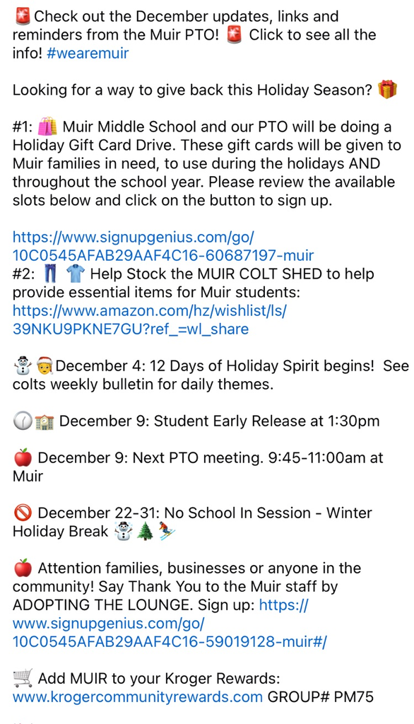 December happenings from the Muir PTO. #wearemuir
