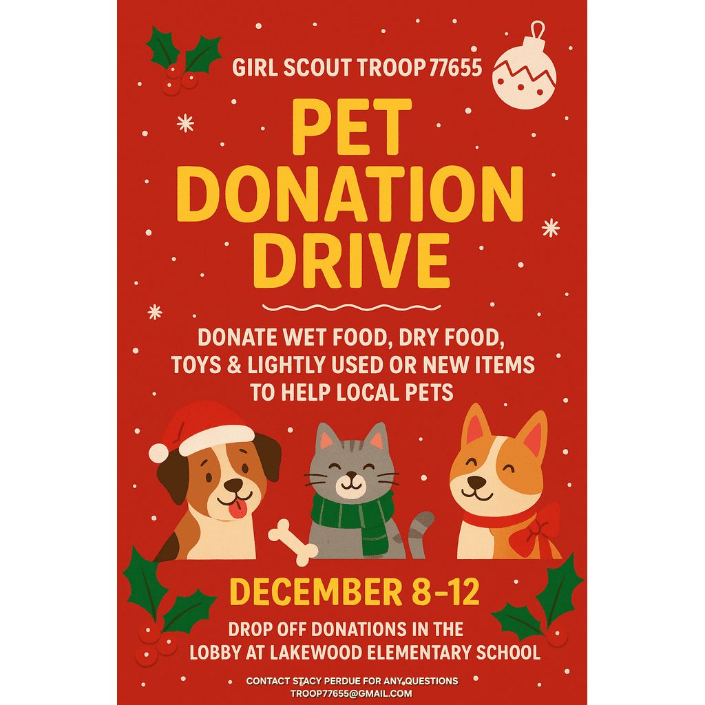 Bright red poster for a pet donation drive by Girl Scout Troop 77655, featuring cute animals and donation details for December 8-12.