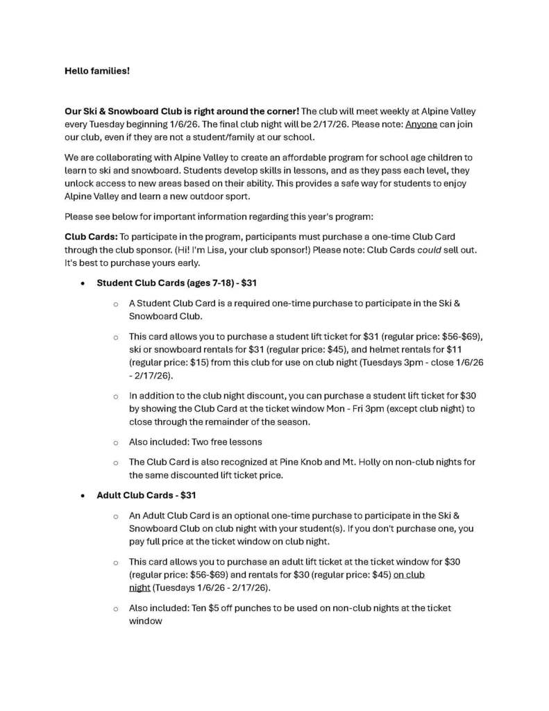 Ski Club Information