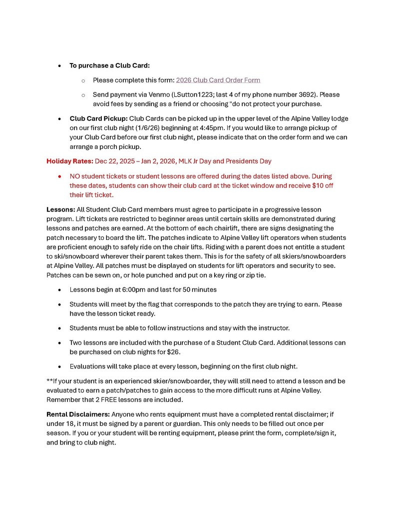 Ski Club Information