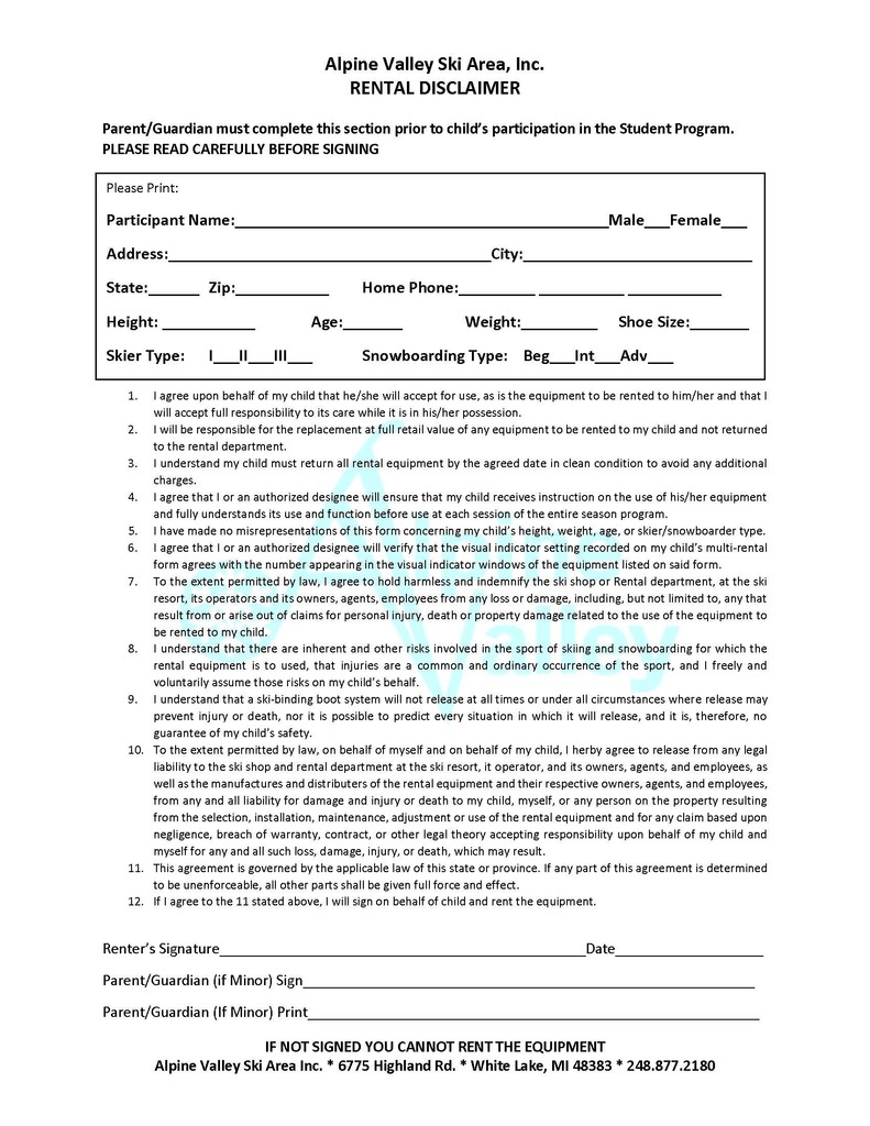 Ski Club Rental Disclaimer