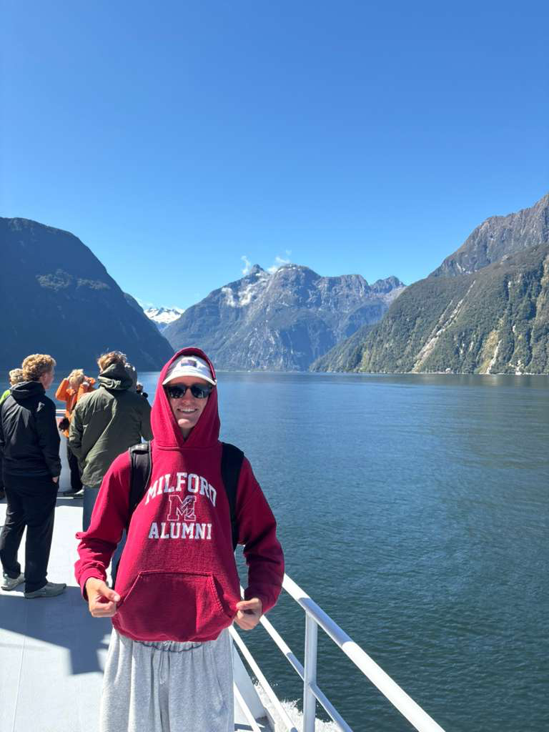 MHS Alumni wearing his Milford shirt while in New Zealand. 