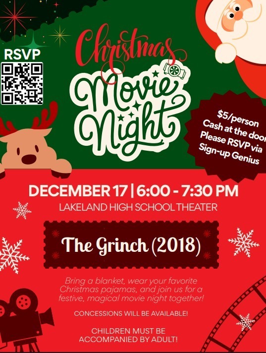 Flyer for movie night at Lakeland HS with information 