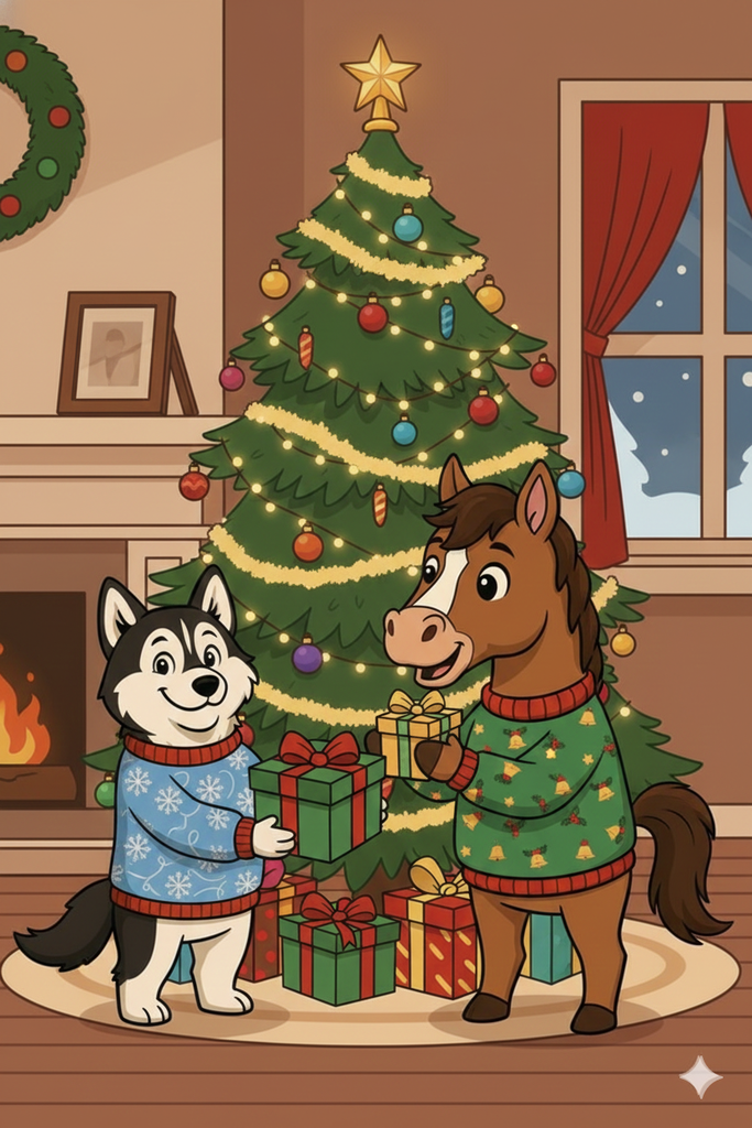 Cartoon horse and husky putting presents under the tree.