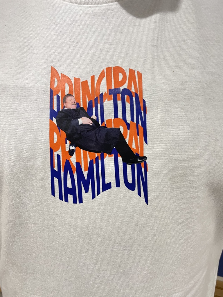 Our staff surprised Mr. Hamilton with silly shirts.