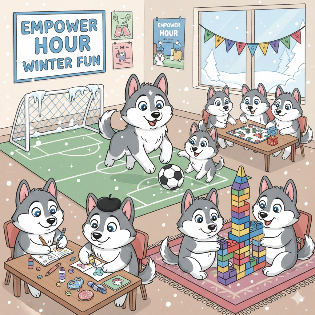 Cartoon Huskies playing games