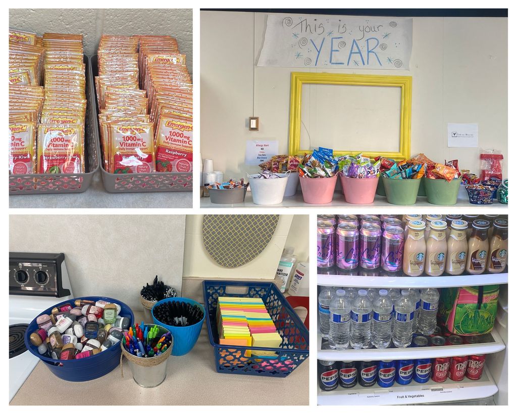 Pictures of all the snacks and office supplies our PTSA supplied to stock our staff lounge.  Emergency C, hand sanitizer, post-its, pens, chips, candy, beef sticks and drinks
