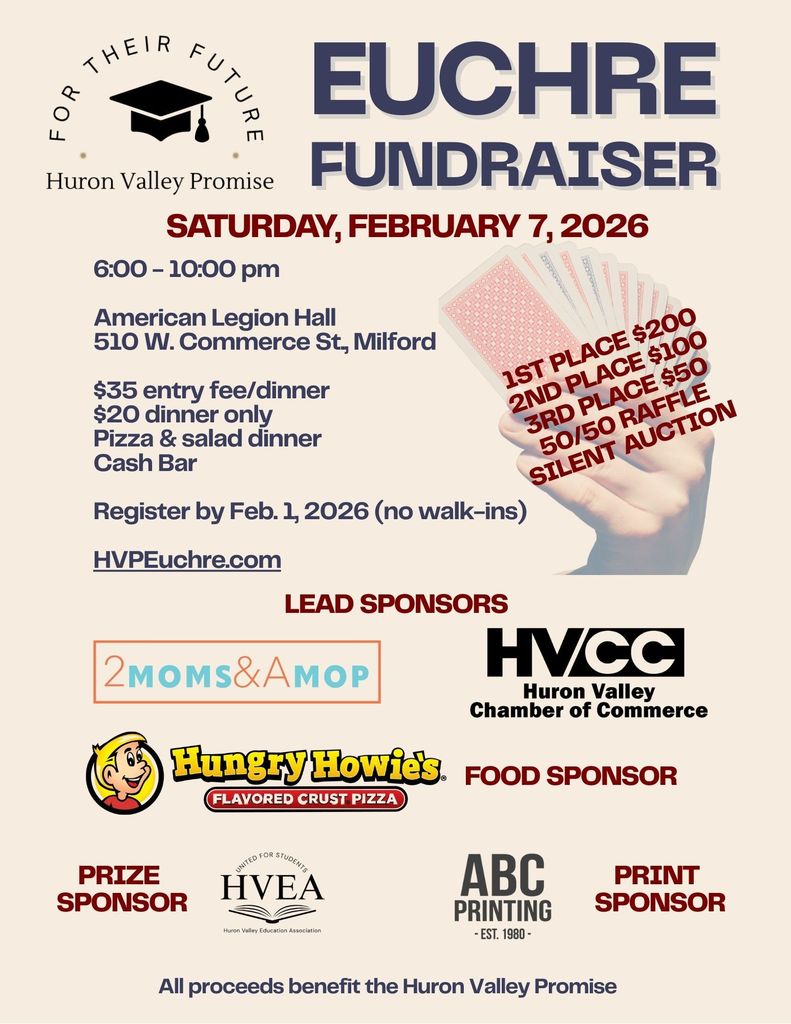 Euchre funraiser "Euchre!"    A fun night for a great cause... the Huron Valley Promise!  Saturday, February 7th at American Legion Hall in Milford. Sign-up now at HVPEuchre.com