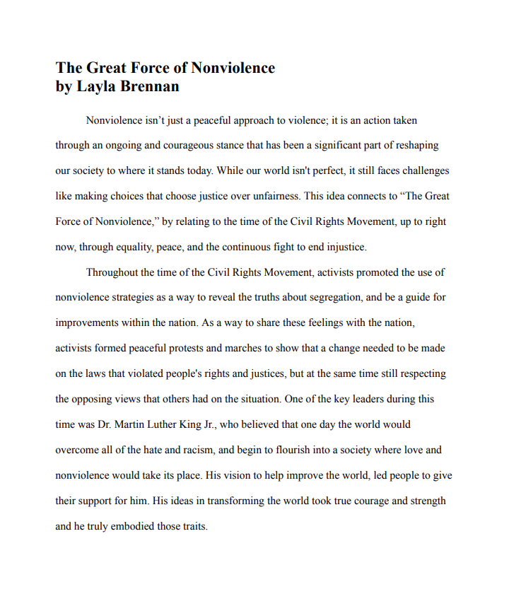 MHS sophomore Layla Brennan won best essay for Huron Valley's MLK Day Contest. Congratulations and great work, Layla!