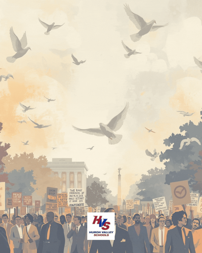 Graphic of  Dr. Martin Luther King Jr. — to honor his life & legacy. Show his image, doves & marchers 