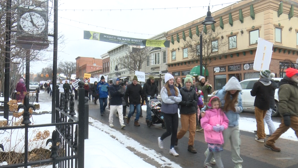 People walking in parade in Milford to honor martin luther king jr thru downtown streets