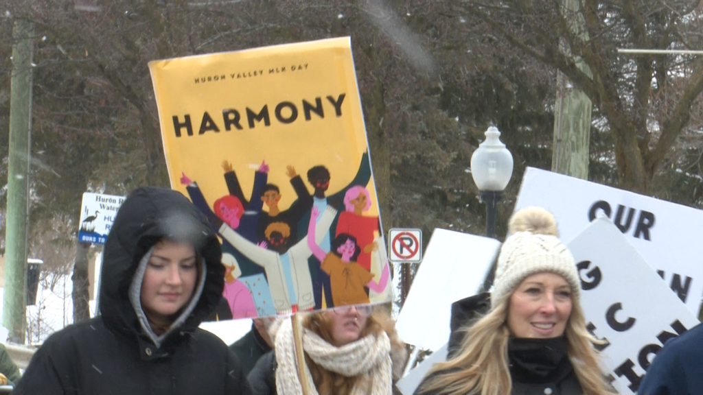People walking in parade in Milford to honor martin luther king jr sign read 'harmony'
