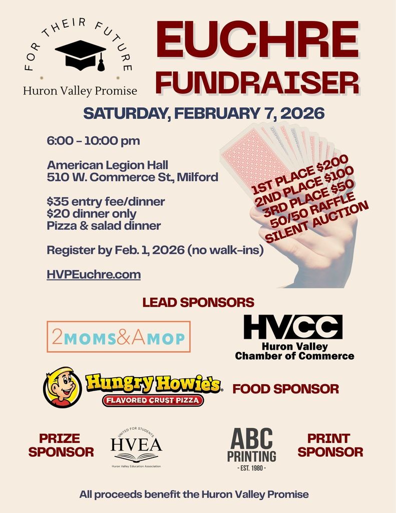 promo for euchre fundraiser "Euchre!" A fun night for a great cause... the Huron Valley Promise! Saturday, February 7th at American Legion Hall in Milford. Sign-up now at HVPEuchre.com