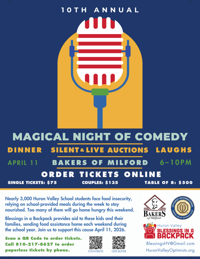 Mark your calendars for our largest fundraiser of the year to benefit Blessings in a Backpack! This event will sell out! A Magical Night of Comedy April 11, 2026 @ 6pm Baker's of Milford