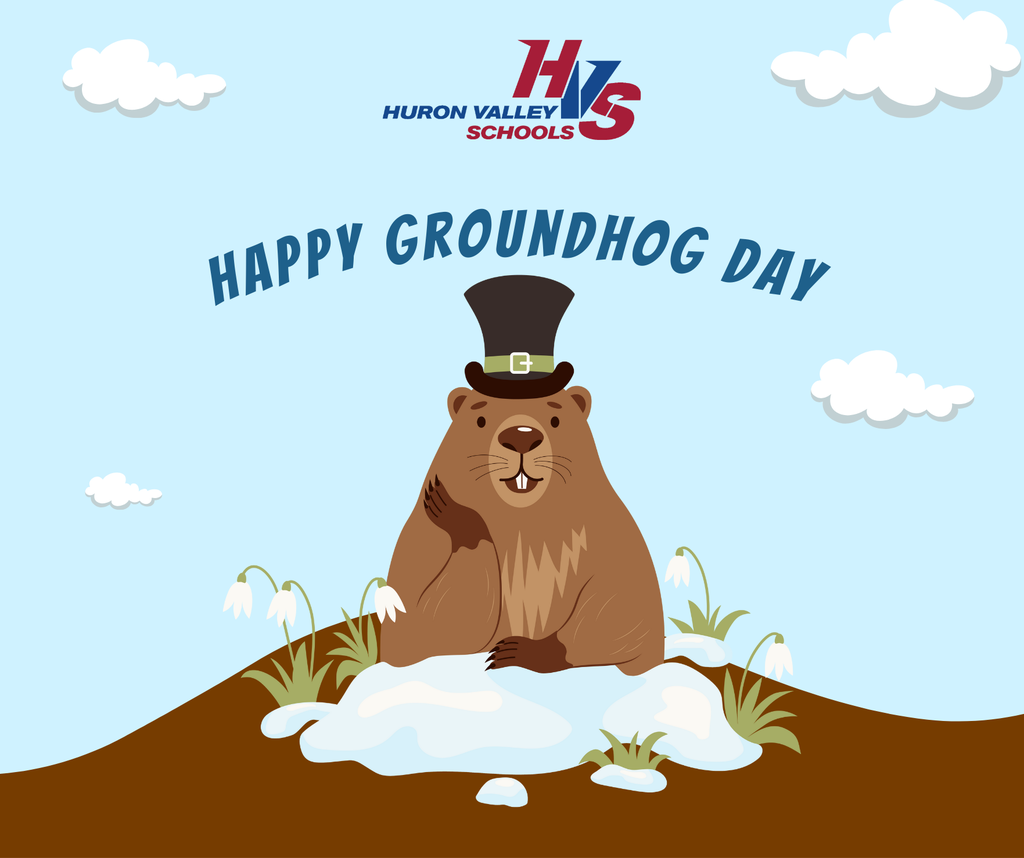 Graphic that shows cartoon groundhog and the words "happy Groundhod Day"