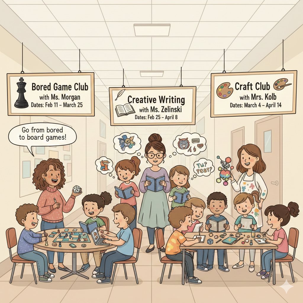 Empower hours on wednesdays , Board game club, Creative writing club , and craft club