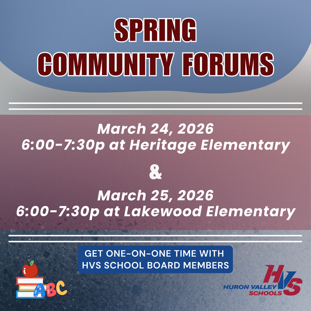 promo graphic that reads Spring Community Forums March 24, 2026 6:00-7:30p at Heritage Elementary March 25, 2026 6:00-7:30p at Lakewood Elementary