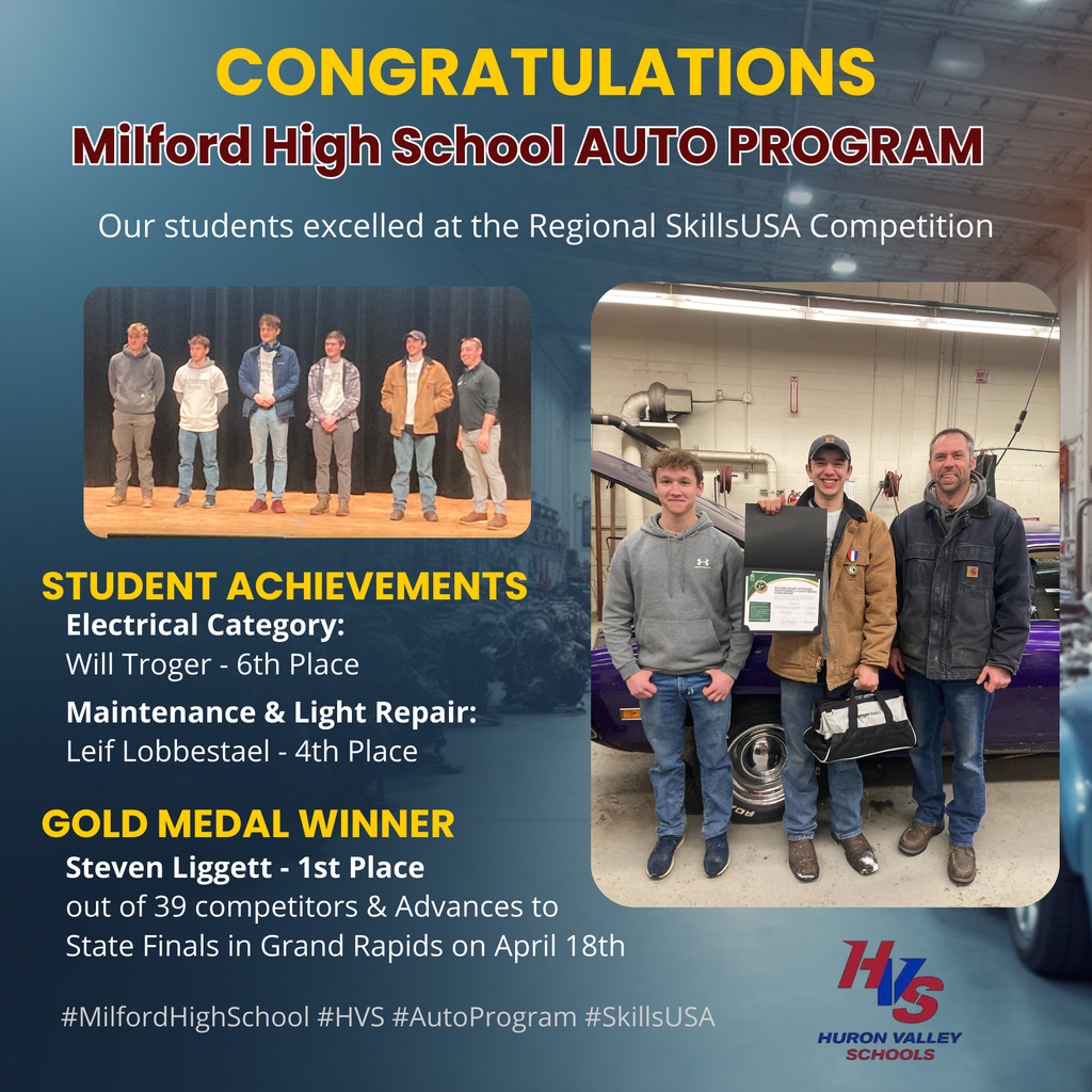 Graphic honoring awards for MHS auto program at state event. Shows photos of winners including Will Troger, Leif Lobbestael & Steven Liggett