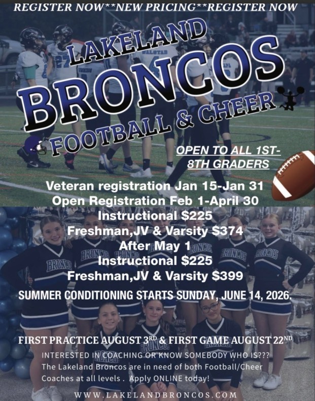 Flyer with information on the upcoming Lakeland Broncos football season