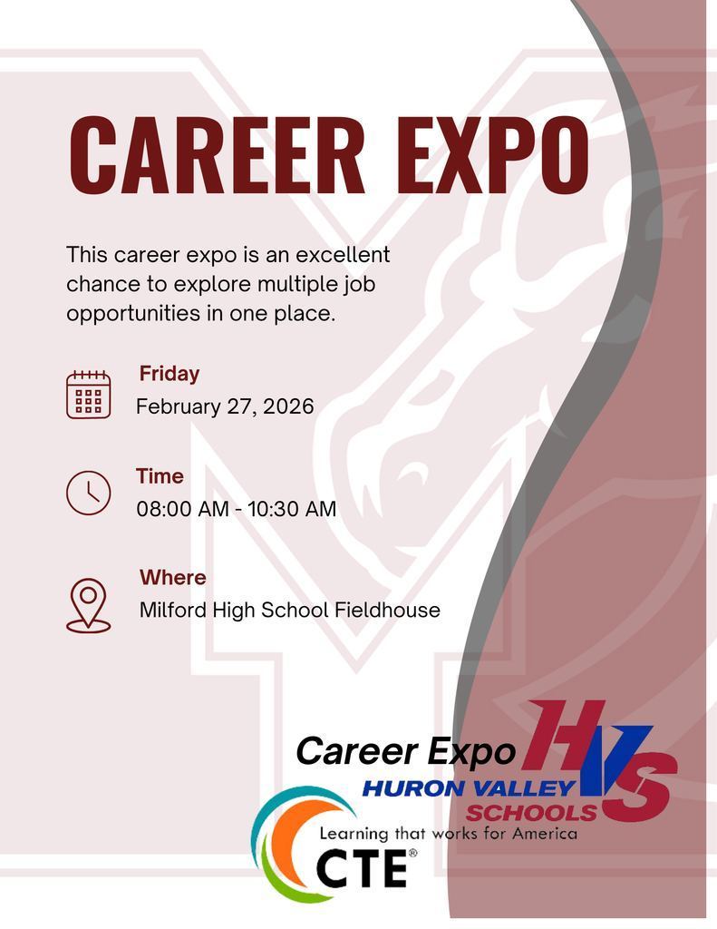 Graphic describing the the Milford High School Career Expo is scheduled for Friday, February 27th.