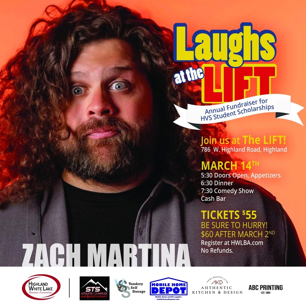 graphic wiht man's face.. comedian.. hosting event march 14th at the lift in highland.. benefit for HVS student scholarships